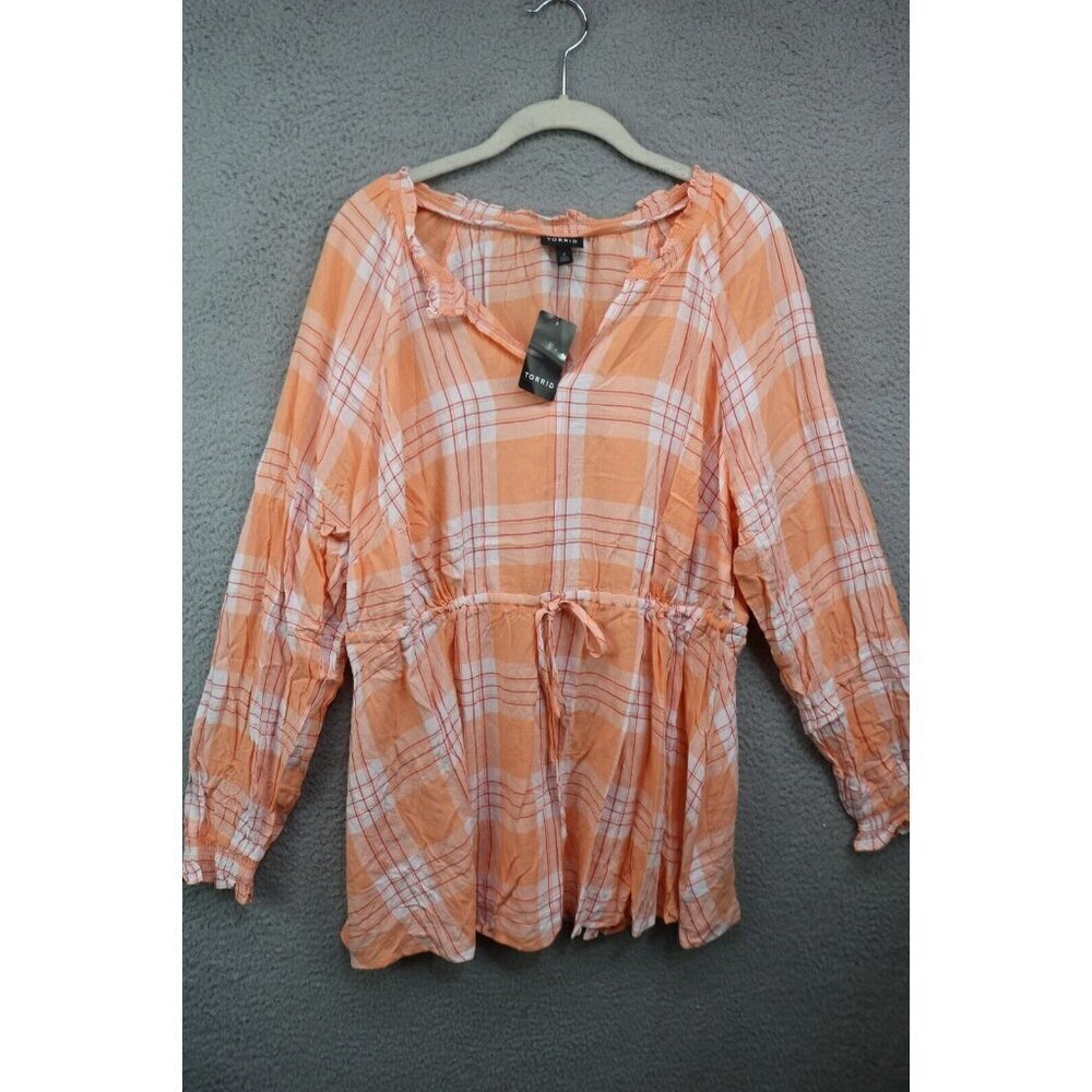 Torrid Orange Plaid Long Sleeve Drawstring Waist Tunic-2X-New w/Tags-Cottagecore